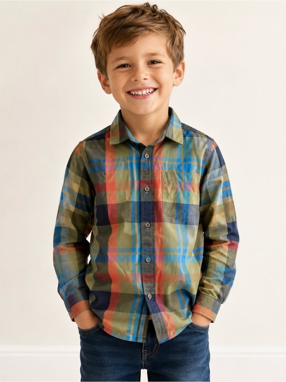 Cat &‎ Jack Plaid Button-Down Shirt in Olive, Blue & Orange